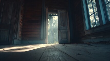 Fototapeta premium Wide Shot of an Empty Room in a Wooden House With Dust Motes Illuminated by Light and a Door Slightly Open