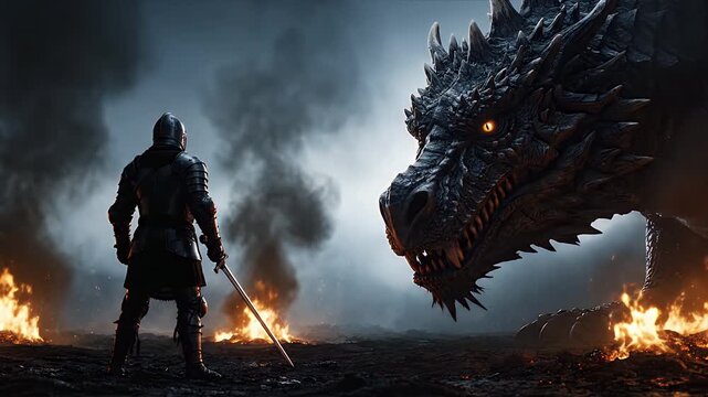 Epic Confrontation Between Lone Knight and Colossal Dragon
