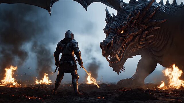 Epic Confrontation Between Lone Knight and Colossal Dragon
