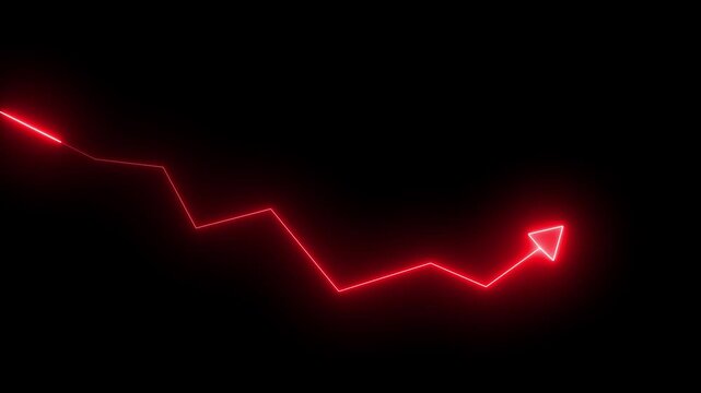 glowing neon downward graph with arrow indicating decline, loss, and negative trends on a dark, abstract background, perfect for conveying.Market Recovery Concept. Successful growth trend olive line.