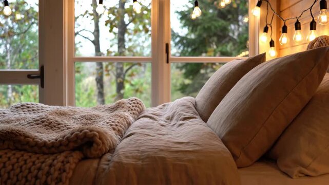 Kucing santai di atas sofa dan atap apartemen dengan desain pedalaman mewah yang nyaman lengkap dengan bantal dan lampu ruang tidur yang indah