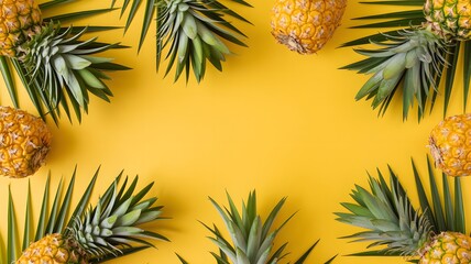 Naklejka premium Modern tropical pineapple frame on bright yellow background