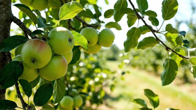 Green apples growing on a tree branch in a fresh orchard garden