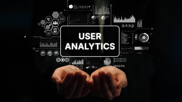 Hands Holding User Analytics Concept with Digital Interface Elements for Business Insights and Data Analysis. Asymptotic smart data analytic.