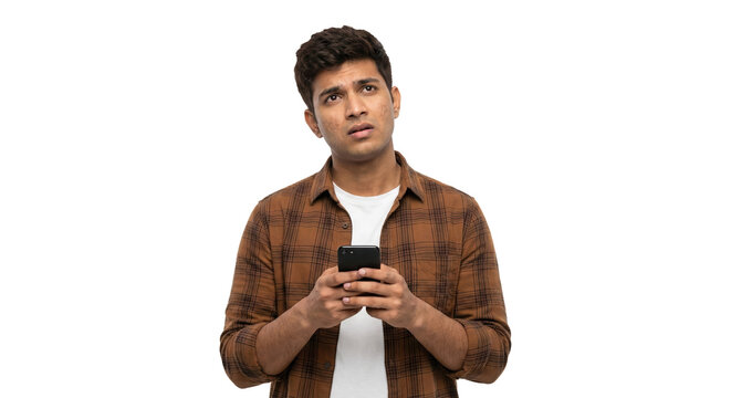Thoughtful Young Man Using Smartphone Wearing Brown Plaid Shirt Looking Up Isolated PNG with Transparent Background