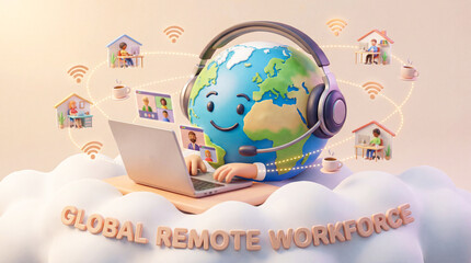 3D globe character with headset typing on laptop connected to remote workers in homes. Global remote workforce illustration for distributed teams, virtual collaboration and telecommuting.