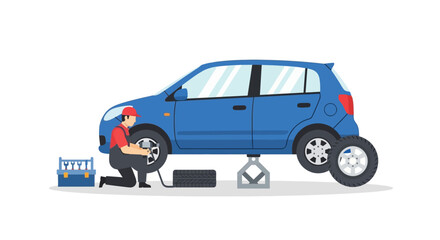 Fototapeta premium Mechanic Changing Tire on Lifted Car.