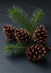 Fototapeta premium A natural arrangement of four brown pine cones resting beside a rustic pine branch on a dark gray slate surface, forest, still life, background
