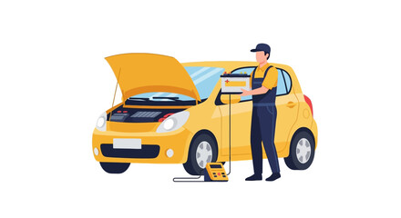 Naklejka premium Mechanic Working on Yellow Car Engine.