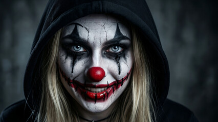 A terrifying woman with creepy clown makeup looking directly at camera in dark hood