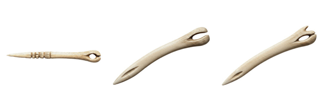 Bone weaving needle, prehistoric textile tool, Paleolithic and Neolithic weaving implement, early human bone sewing and stitching tool, primitive needle artifact, archaeological artifact, ancient bone