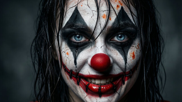 A terrifying creepy clown face with dramatic makeup for halloween horror concept and dark themed projects