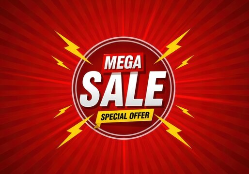 Bold red background with radiating lines and yellow lightning bolts surrounding a circular graphic announcing a mega sale special offer