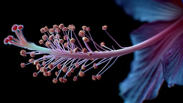 Cinematic Close-up of Bromeliad's Vibrant Stamen and Dew Drops on Delicate Petals in Macro View