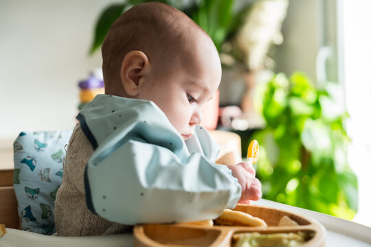 Baby eating with spoon in high chair wearing bib