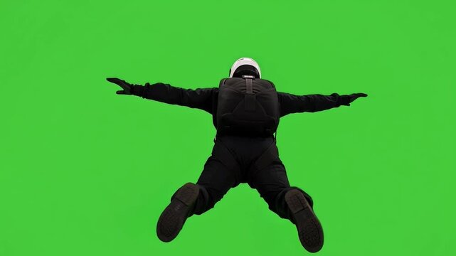 Skydiver 360 view freefall adventure freedom motion extreme sport simulation training dynamic pose energy movement on green screen background