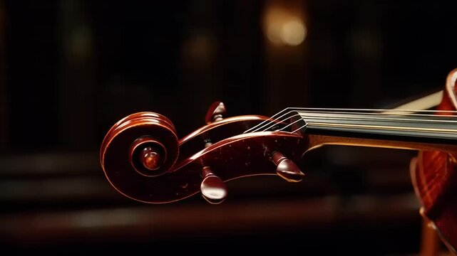 Close-up view of a violin's scroll and fingerboard in a dimly lit setting
