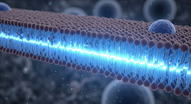 Nanotechnology concept with glowing blue light in a carbon nanotube structure on a dark background with spheres