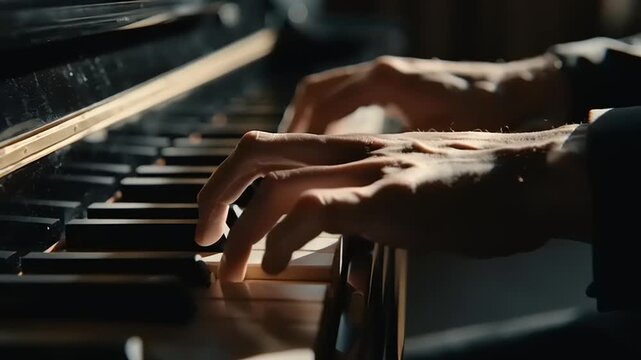 Fingers playing a piano with close-up view of keys and hands in motion