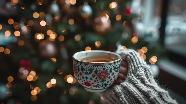 Hand holding a festive mug with coffee near a decorated Christmas tree with glowing lights