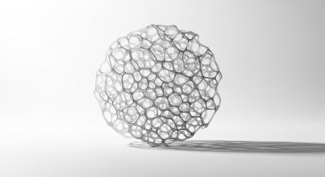 Wireframe sphere with geometric pattern casting shadow on plain background