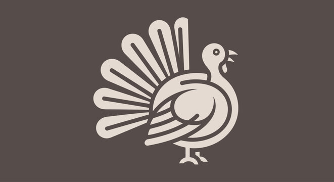 A stylized illustration of a proud turkey standing, viewed from a slight angle, showcasing its spread tail feathers and vibrant plumage.