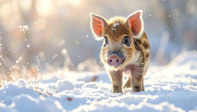 Kleines Wildschwein im Schneefeld