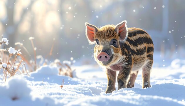 Kleines Wildschwein im Schneefeld