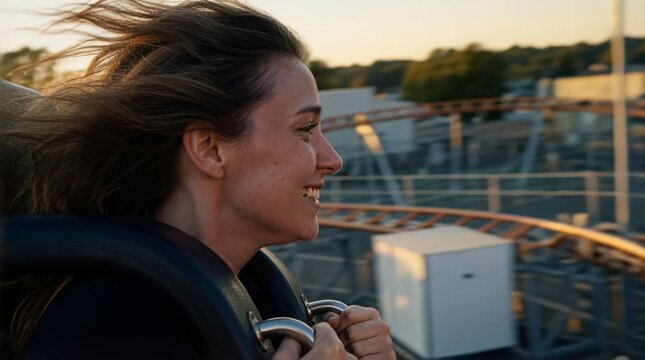 Happy Woman Screaming with Excitement While Riding a Roller Coaster