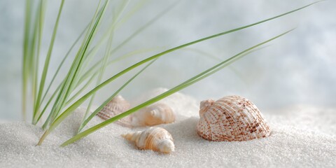 Shell is on the sand next to a green grass