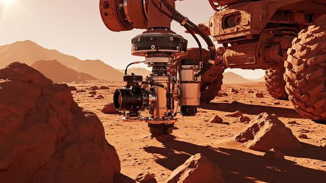 Mars rover conducting geological research on rocky terrain. Automated vehicle lowering robotic arm to analyze mineral samples under orange sky.

