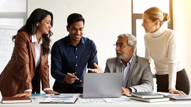 Diverse team of professionals gathered around laptop during collaborative business meeting, review digital data, analyze project results, make strategic decisions in office. Teamwork, modern workflow