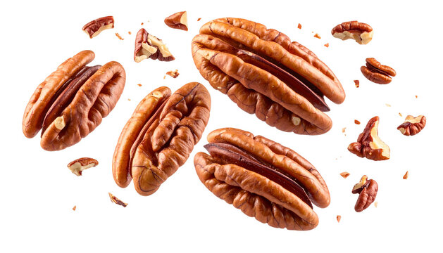 Floating pecan halves and pieces against black. Realistic texture and detail