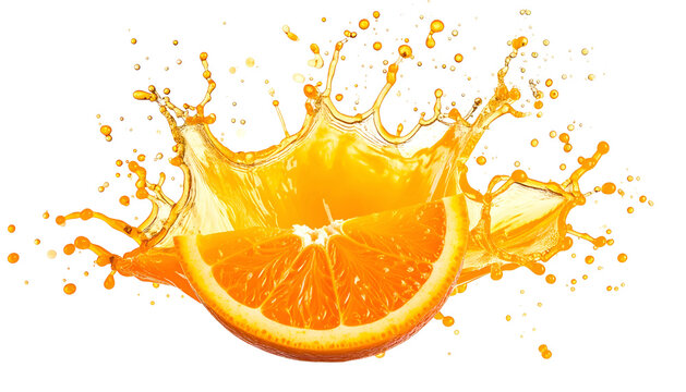 Orange slice exploding in vibrant liquid, splashing against a dark background
