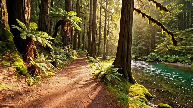 A smooth cinematic tracking shot moving along a winding dirt path in a lush green forest. Beside the path, a calm turquoise river flows gently. Sunlight filters through the canopy