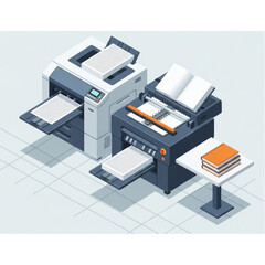 Office Printers and Paperwork on a Modern Desk Setup.
