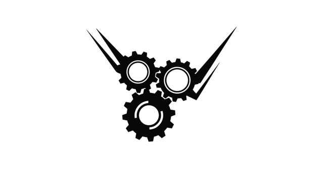Abstract industrial icon representing teamwork and mechanical progress with three black interlocking gears against a white background.