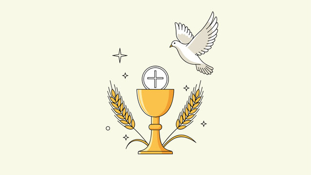 Religious symbols for first holy communion featuring a golden chalice with the host stalks of wheat and a flying white dove.