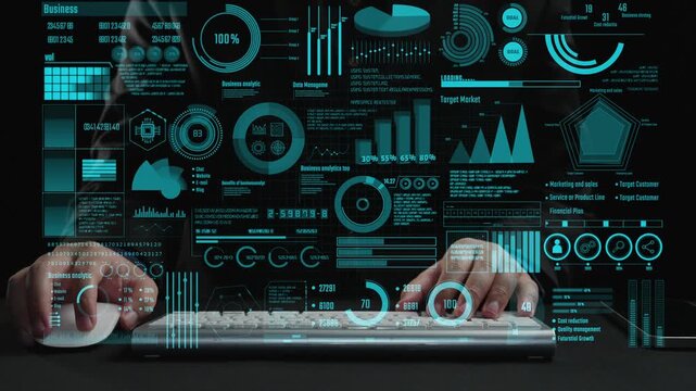 Engaging image of hands typing on a keyboard with futuristic data visualization and analytics graphics above, emphasizing insights for business decision making and strategy development. Cipher