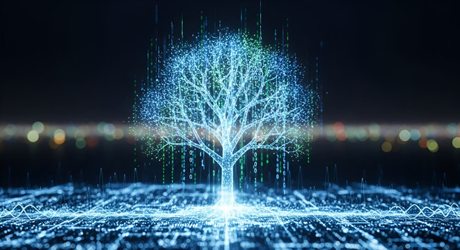 Glowing Digital Tree with Binary Code Data Flow and Futuristic Landscape - Technology AI Concept