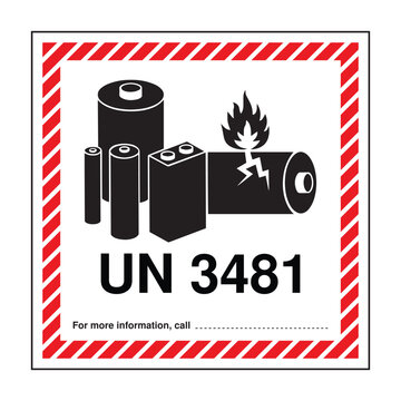 UN 3481 Lithium Battery Handling Label with Flammable Battery Icon &ndash; Hazardous Materials Transport Marking for Lithium Ion Batteries in Equipment or Packed with Equipment