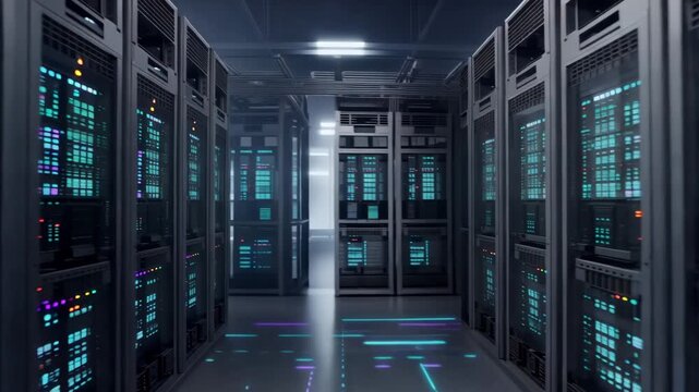 Modern data center with rows of server racks and glowing blue lights