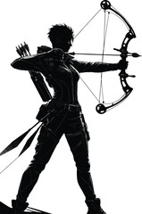 Silhouette of a female archer aiming with a compound bow and quiver of arrows on her back. The figure is depicted in a dynamic pose, ready to shoot, with a strong and focused stance