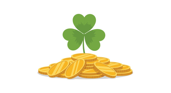 A vibrant green three-leaf clover stands upright on a large, glimmering pile of golden coins, prominently featured against a clean white background.