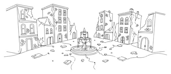 Ruined city square after destruction with broken buildings and fountain in continuous line art © ----WWWLINE----