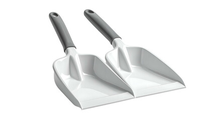 Two white dustpans with grey handles, angled on a dark background