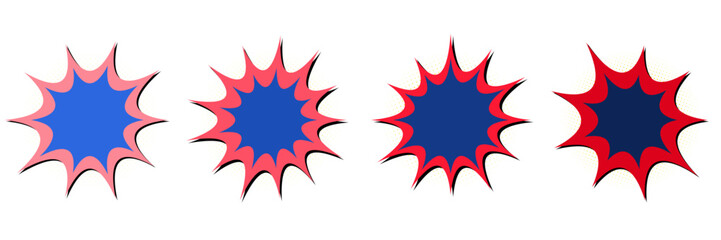 Set of Four Retro Comic Book Action Burst Bubbles, Vintage Pop Art Explosion Shapes © SimpleDesignStudio