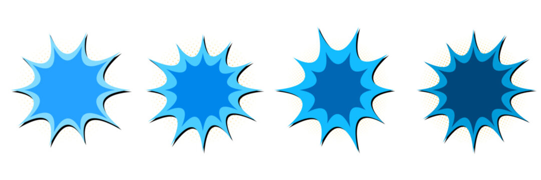 Set of four blue comic book explosion bursts for superhero action graphics and gaming