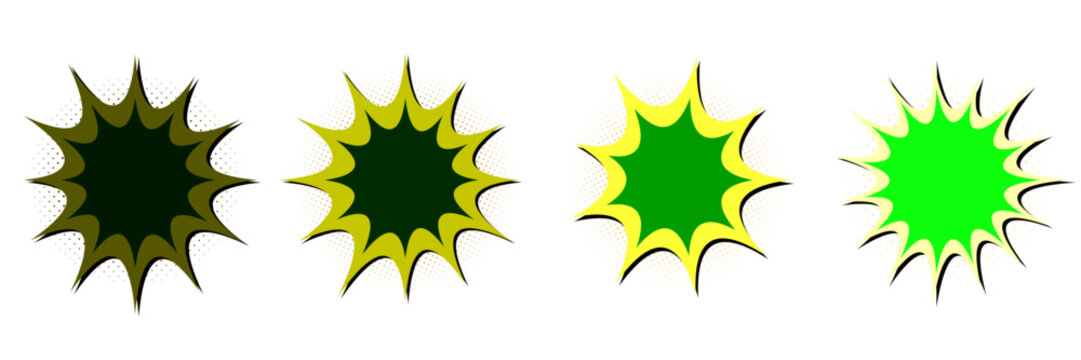 Toxic waste radioactive hazard comic burst elements, green biohazard explosion speech bubbles set