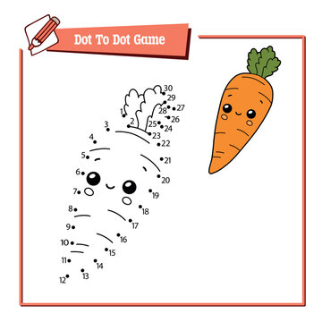 Dot to dot game with cute carrot. Connect the dots activity for children, colouring and coloring page with numbers. Educational worksheet for preschool and primary school kids.